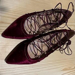 Sam Edelman 7.5 deep red velvet lace up pointed toe flats EUC